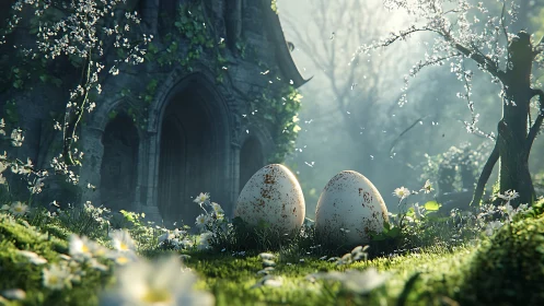 Mystic stone eggs rest in overgrown ruined garden clearing