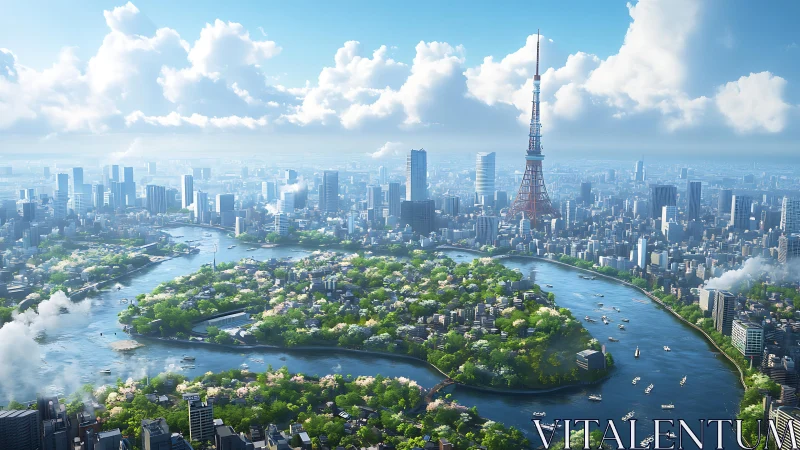 Aerial river island metropolis with dense greenery and broadcast tower