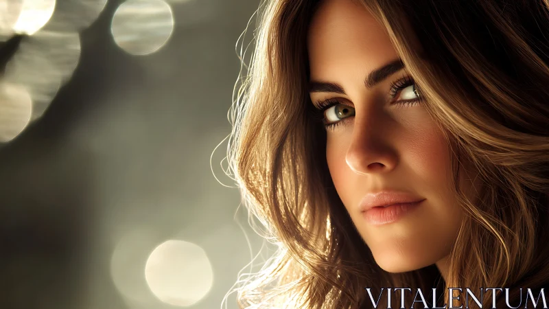 Close-up portrait of woman with backlit wavy hair detail.