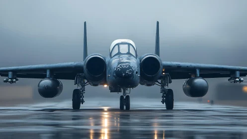 Twin‑engine strike aircraft on wet tarmac under low‑visibility conditions