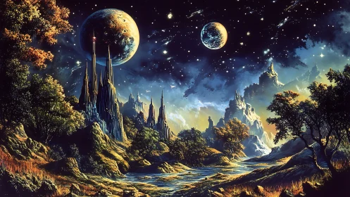 Alien valley landscape under twin planets and bright stars.
