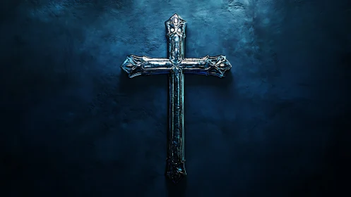 Metallic gothic cross on textured blue background.