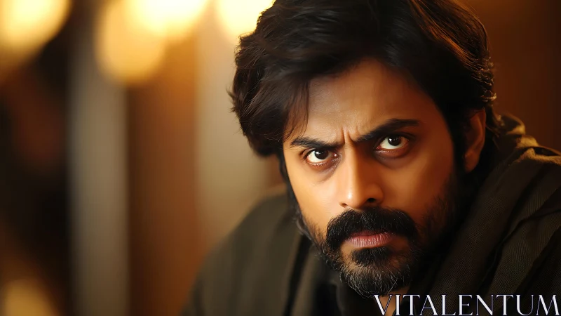 Steady gaze and warm light on a thoughtful bearded face.