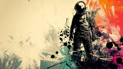 Astronaut silhouette emerges through abstract cosmic paint storm.