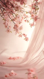 Delicate Pink Cherry Blossoms Cascading Through Ethereal Fabric Drapery With Soft Bokeh Background