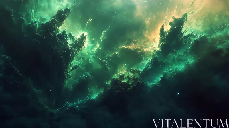 Turbulent luminous nebula forms irregular vertical cloud masses