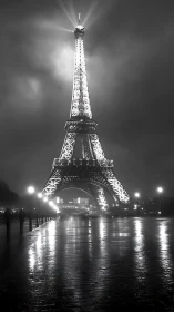 Steel beacon of Paris glows through rain-soaked midnight.