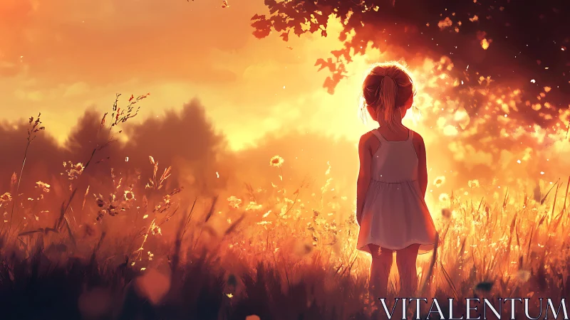 Backlit child silhouette in glowing golden meadow sunset.