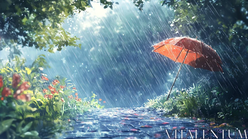 Digital painting of red umbrella on rainlit garden path composition.
