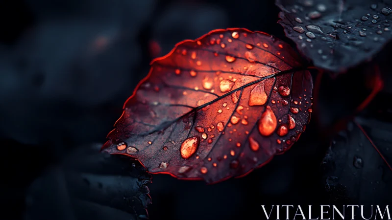 Macro view of red leaf with water droplets in low key lighting