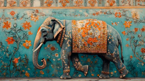 Ornate painted elephant against floral turquoise wall.