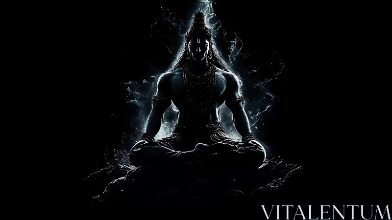 Serene meditative deity sits in glowing mystical darkness