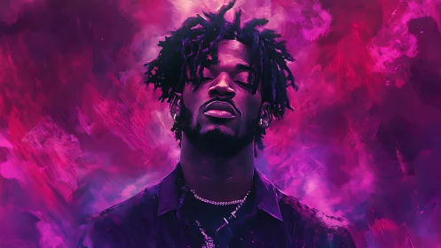 Neon portrait painting of man against vibrant magenta clouds.