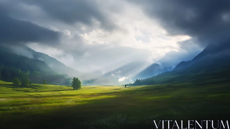 Gentle sunlight spilling over a quiet misty green valley.