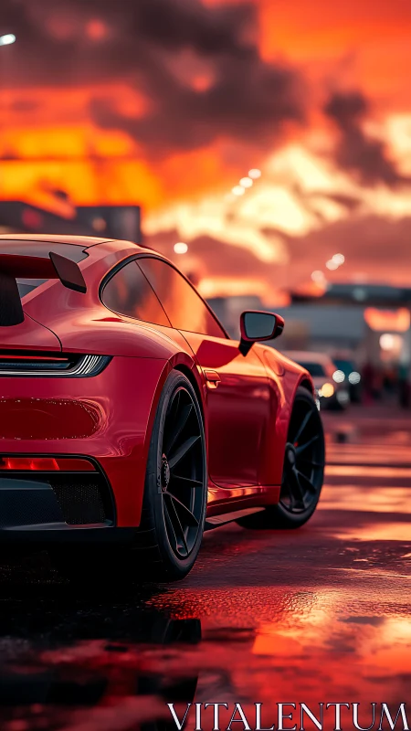 Rear three-quarter view sports coupe under vivid wet sunset