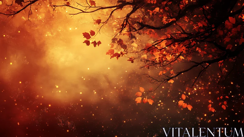 Autumn foliage illuminated by golden bokeh and warm light.