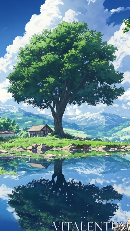 Solitary lakeside tree mirrors in still mountain water