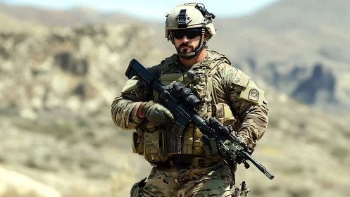 Calm soldier strides confidently across rugged desert hills