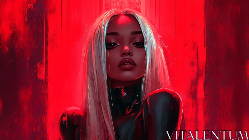 Cyber-noir portrait of woman in latex against red field