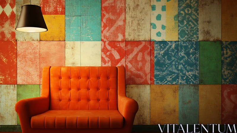 Orange armchair is positioned before multicolored tiled wall