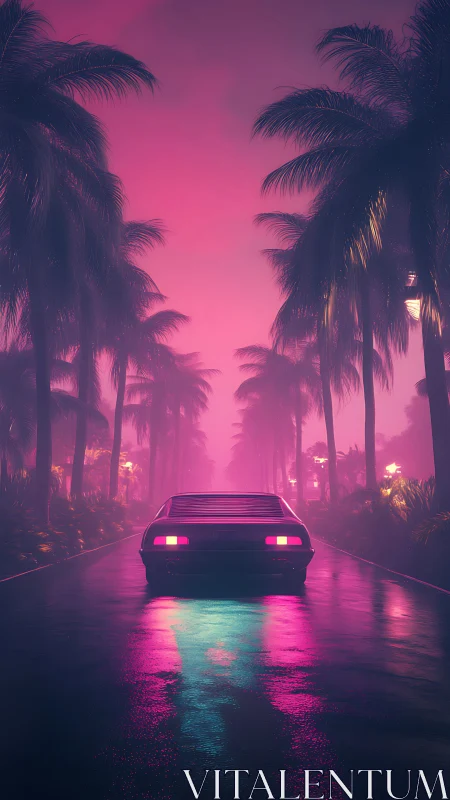 Neon retro car under palm trees on rain soaked boulevard.