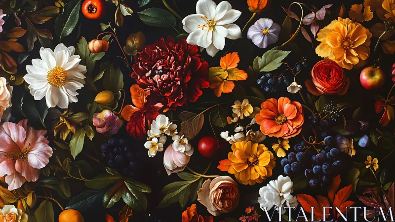 Botanical arrangement displaying flora against dark background