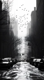 Monochrome city street under mist with flock of birds overhead.