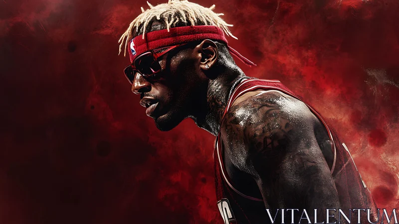 Tattooed basketball player in red uniform against dark red