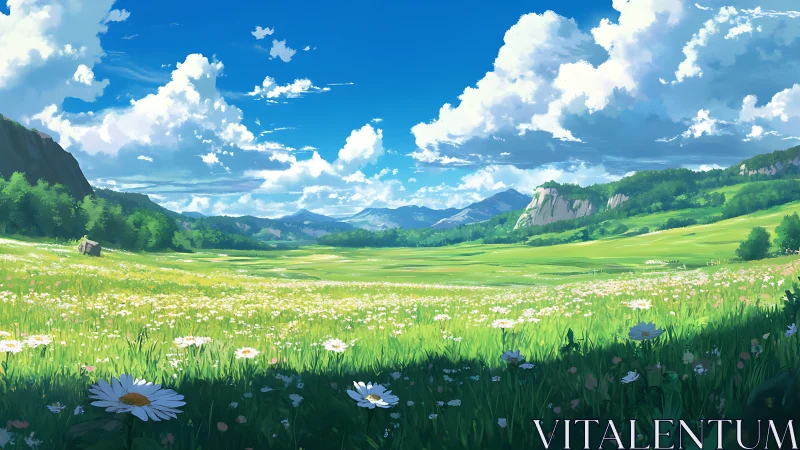 Sunlit wildflower valley under drifting summer clouds.