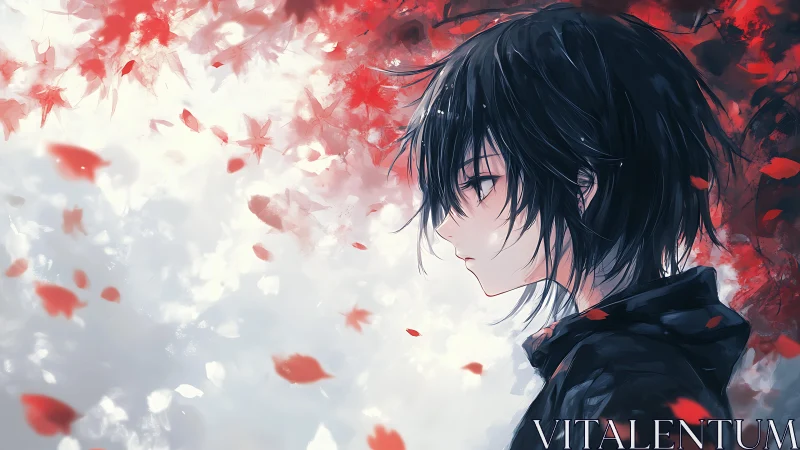 Melancholic anime youth stands amid drifting scarlet leaves