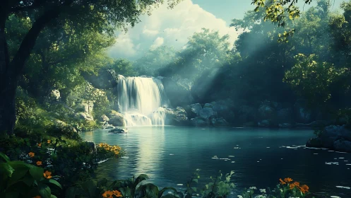 Sunlit forest waterfall pours into a tranquil emerald pool