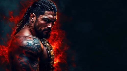 Muscular tattooed man in fiery digital composition stares back