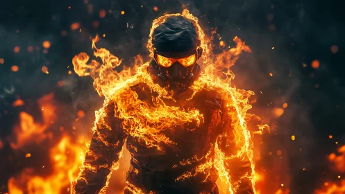 Soldier in tactical gear fully engulfed in surrounding flames.