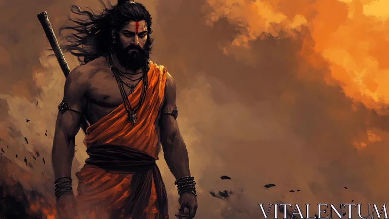 Warrior-sage strides through embers beneath a storm of fire.