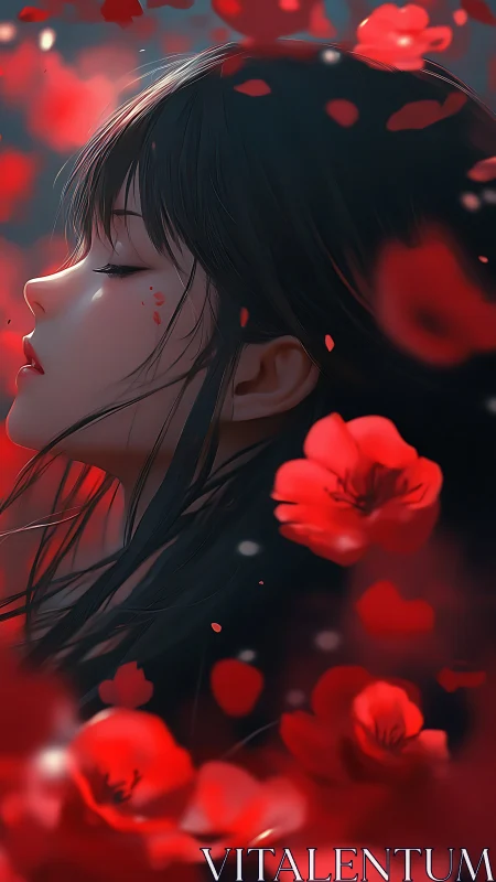 Serene profile portrait in crimson floral bokeh field.