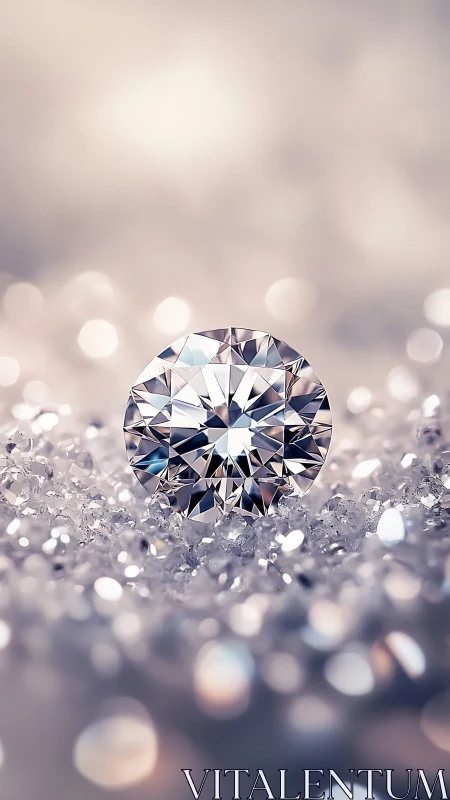 Brilliant round diamond on glittering crystal bed in bokeh light.