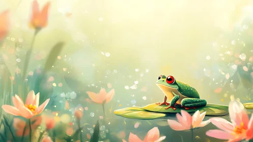 Green frog sits on leaf amid soft pastel spring flowers