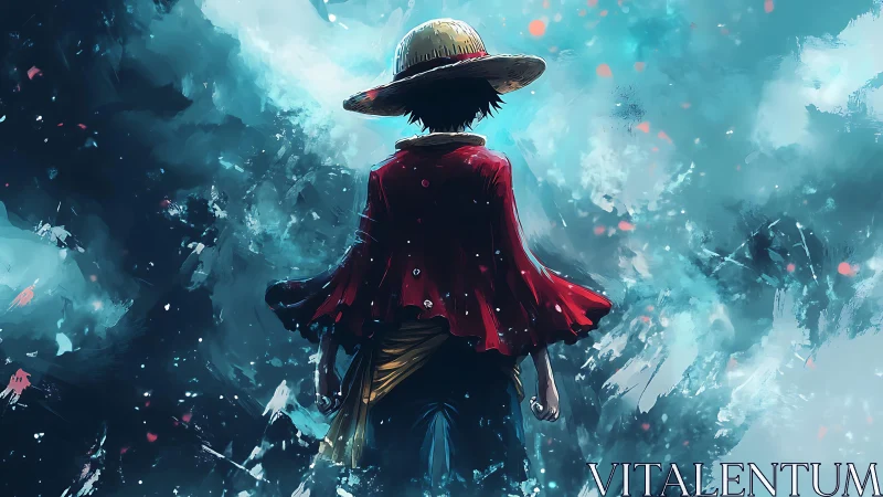 Backlit anime wanderer in red cloak amid turbulent cyan mist