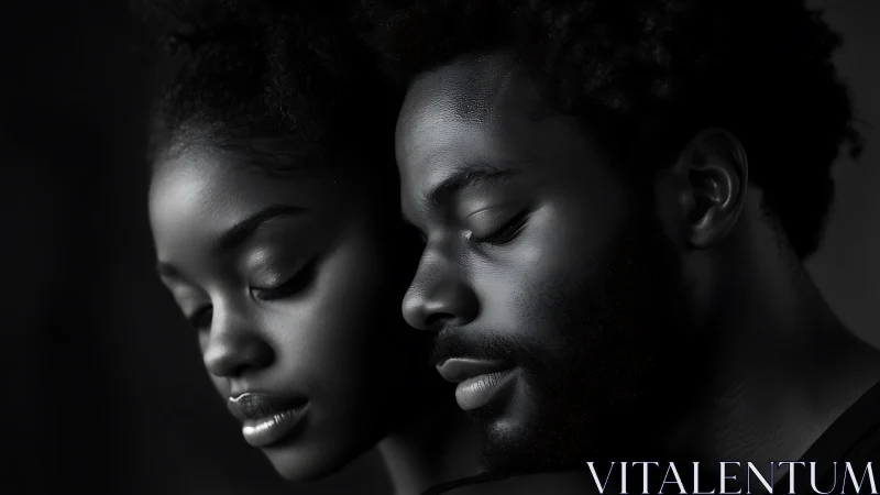 High-contrast monochromatic portrait depicting two subjects in atmospheric profile composition