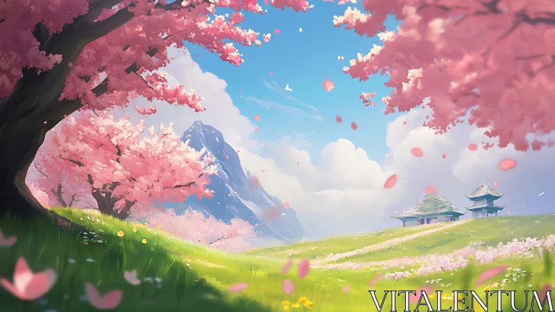 Serene cherry blossom valley unfolds beneath bright spring sky