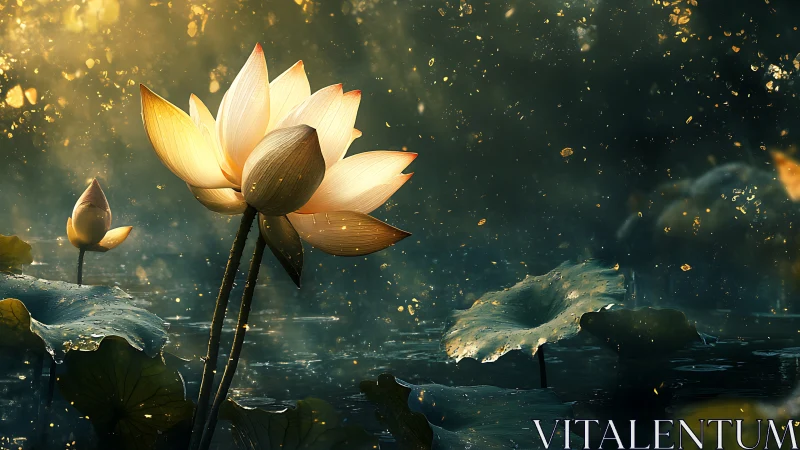 Golden lotus flowers in a dark pond with glowing particles.