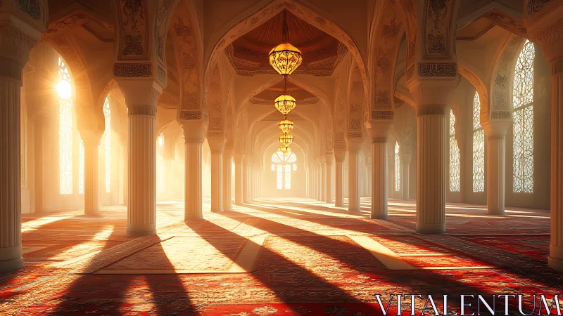 Sunlit arches and ruby carpets in a quiet palace hall.