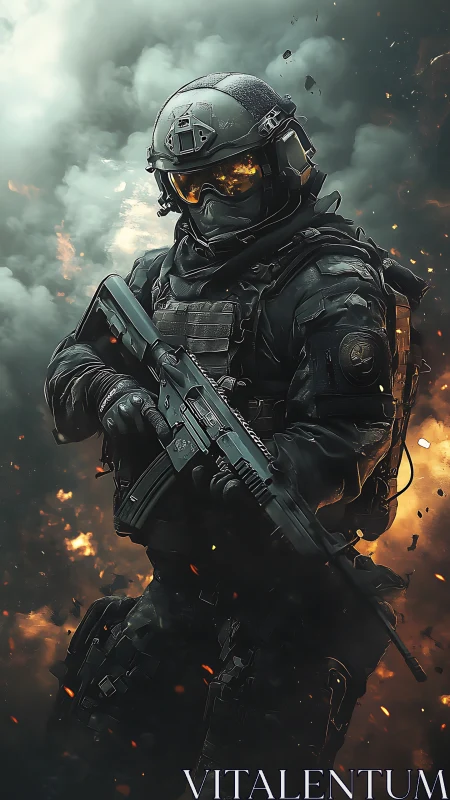 Heavily equipped soldier stands amid dense smoke and fire