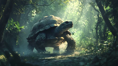 Giant tortoise crossing misty rainforest path at dawn.