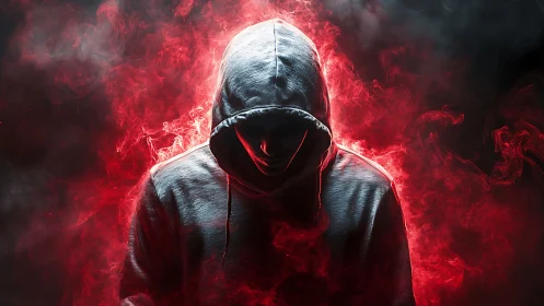 Hooded shadow walks through blazing red digital smoke storm.