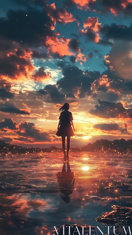 Silhouette stands on reflective water under vivid sunset clouds