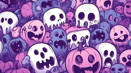Candy-colored ghost pumpkins riot in playful Halloween chaos.