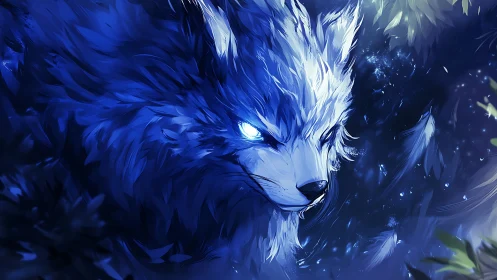 Luminous icewolf prowls through swirling midnight feathers