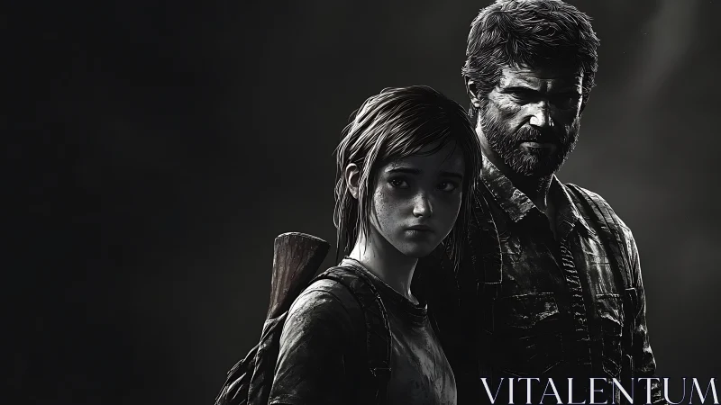 Two armed characters in monochrome digital portrait composition.