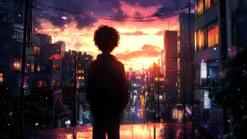 Solitary anime figure overlooks neon city at rainy sunset.